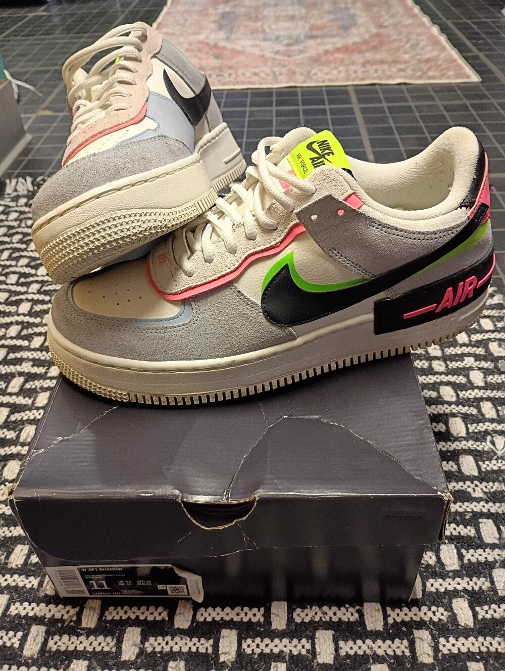 Nike Air Force 1 Low — Cream, Gray, Black with Neon Pink & Green Accents